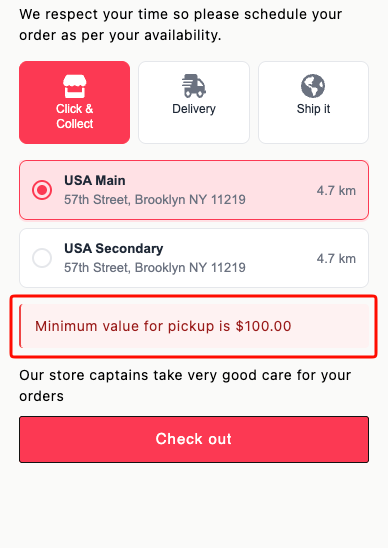 Cart widget showing "Minimum value for pickup is $100.00" when the cart total is below the pickup minimum