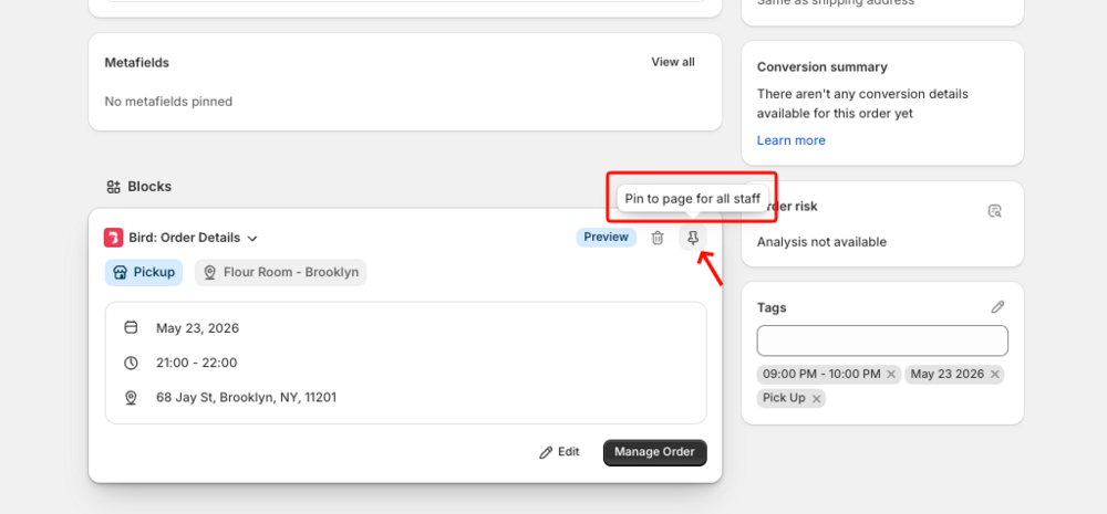 Pin to page for all staff option on the Bird Order Details block