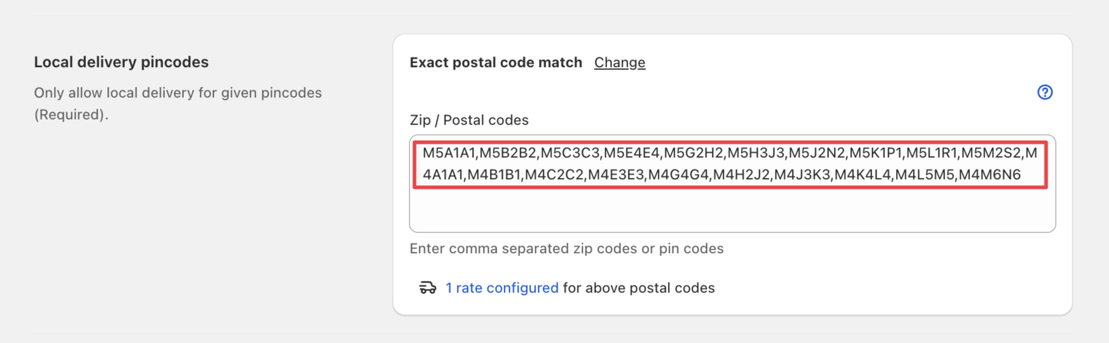 Entering and saving postal codes for a specific location