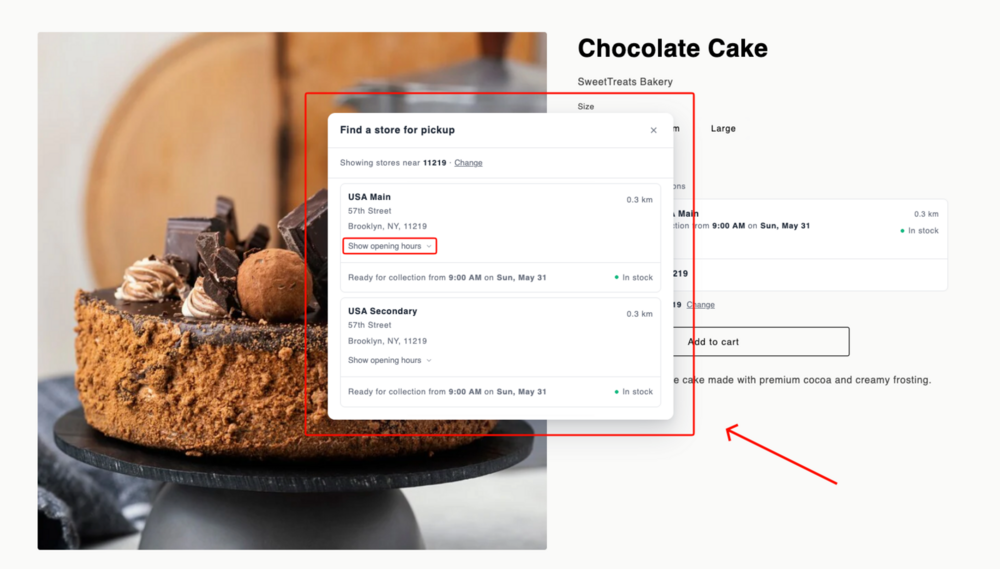 View all stores modal showing multiple pickup locations with addresses, distances, ready-by times, and stock status