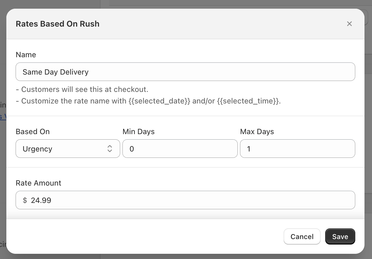 Demonstrates rush delivery rate setup with min/max day ranges