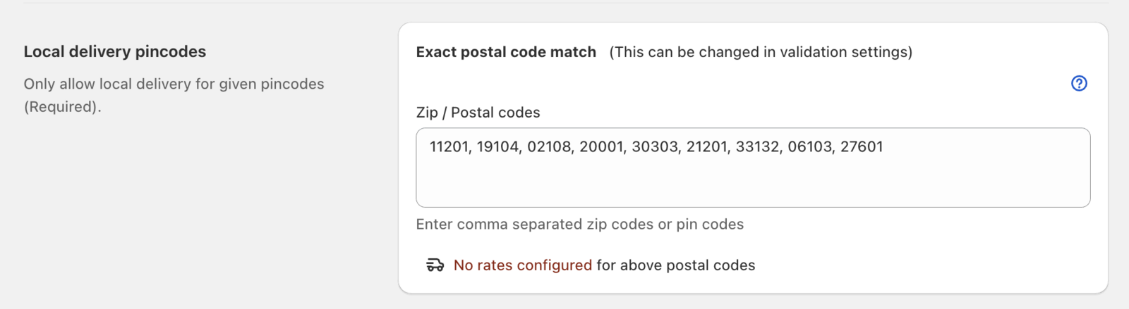 Shows the postal code input field where merchants can paste their zone-specific postal codes