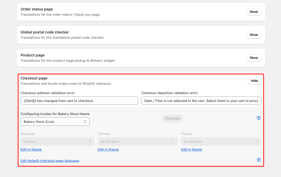 Checkout page settings expanded, showing address validation error, date/time validation error, and locale selector dropdowns