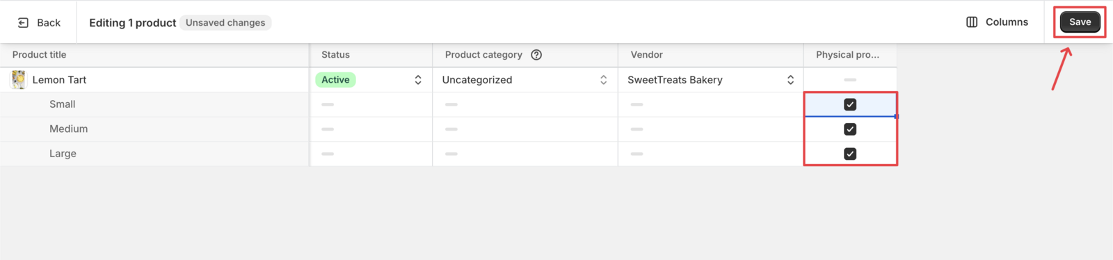 Shows the multiple variant product configuration screen where users can mark each variant as physical items separately