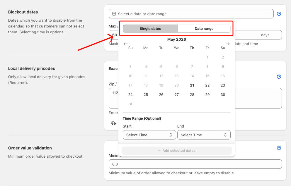 Shows Single dates and Date range segmented buttons inside the date picker