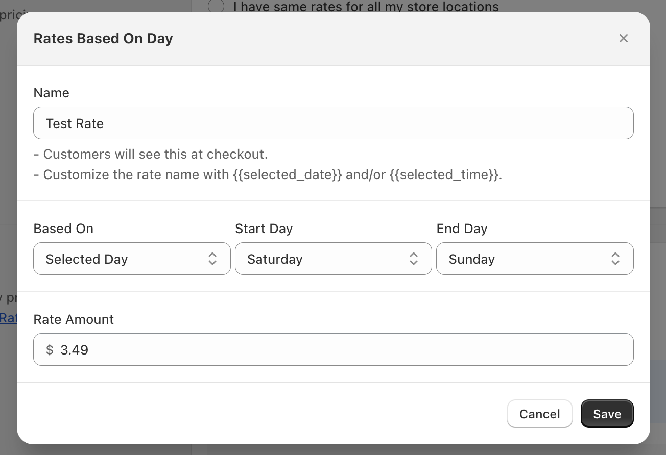 Shows day-based rate configuration with Selected Day option fields