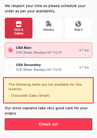 Cart widget showing "The following items are not available for this location" with a list of unavailable items