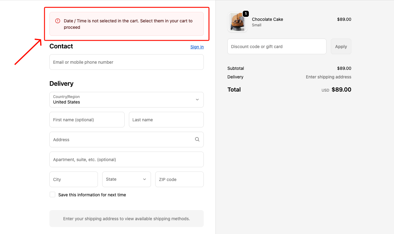 Shopify checkout page showing the "Date / Time is not selected in the cart. Select them in your cart to proceed" validation error banner