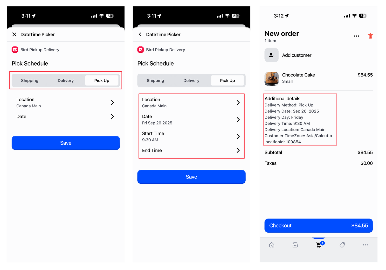 Completed order with Bird app details saved, showing configured delivery method, date, time, and location information ready for checkout