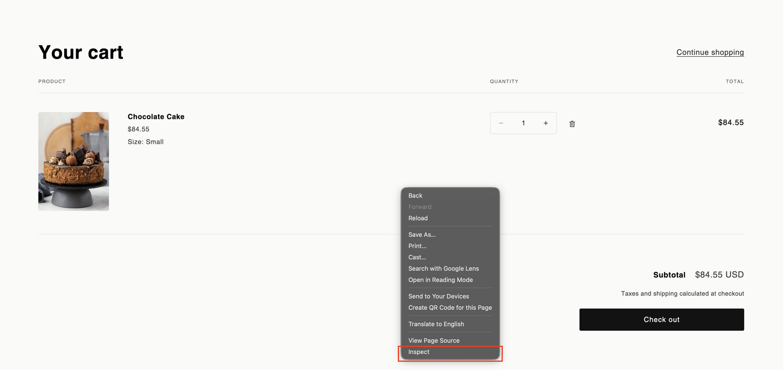 Shows the browser context menu with "Inspect" element option highlighted on a cart page