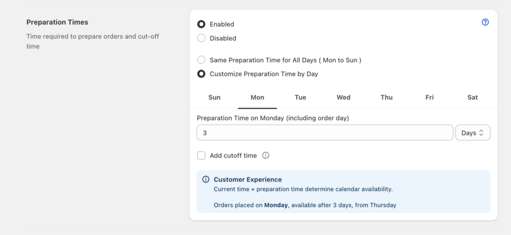 Shows lead time configuration fields with Customer Experience preview