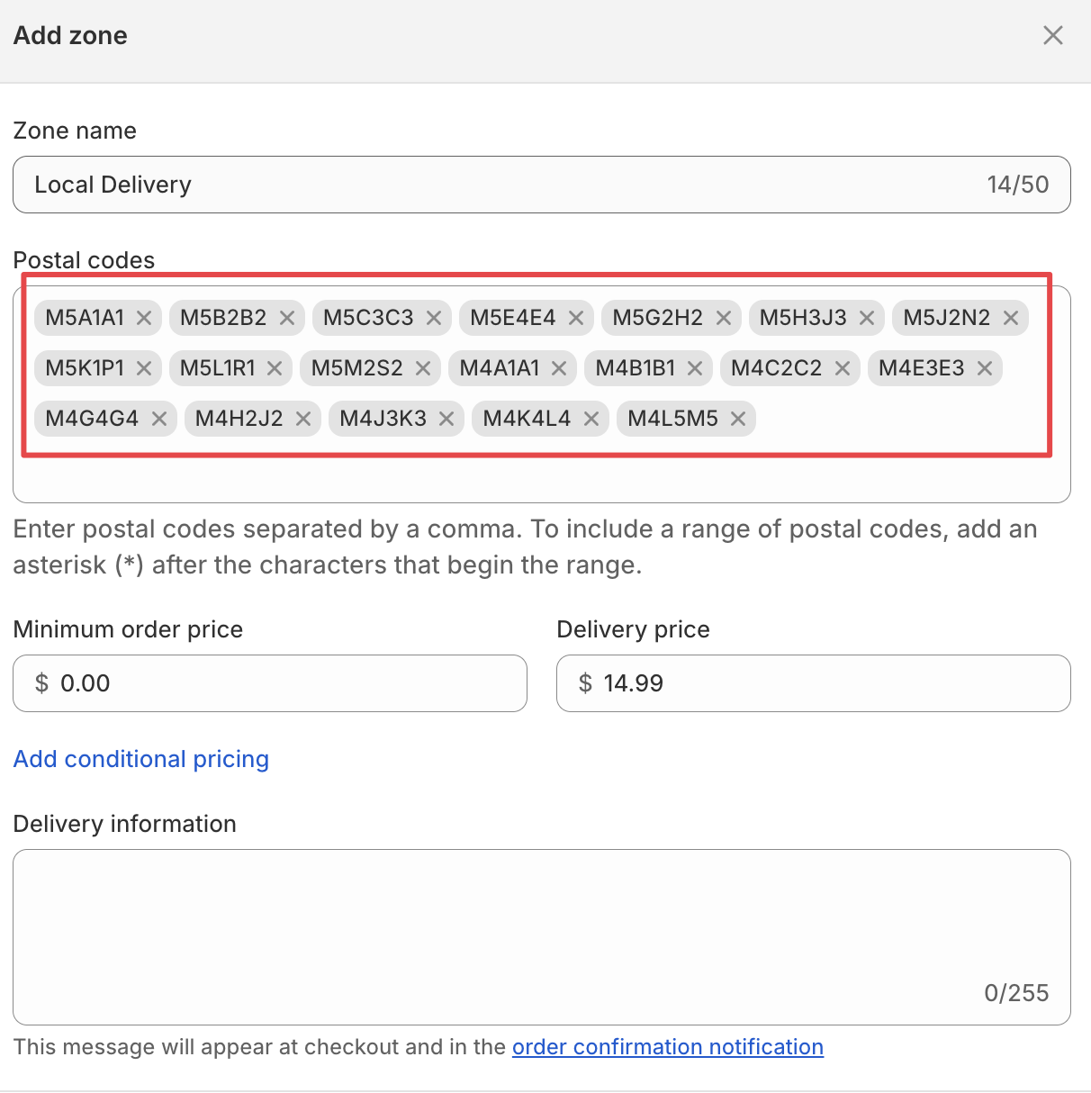 Delivery rate configuration with postal codes that don't cover the customer's area