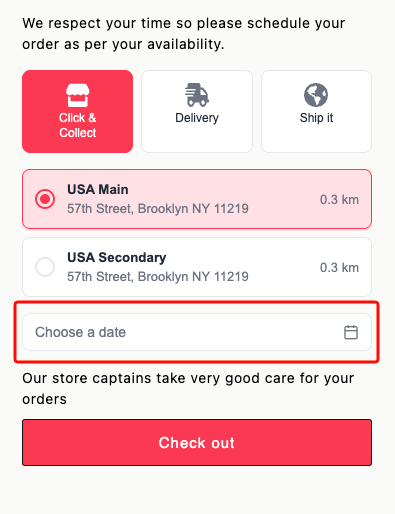 Cart widget showing "Choose a date" as the calendar label