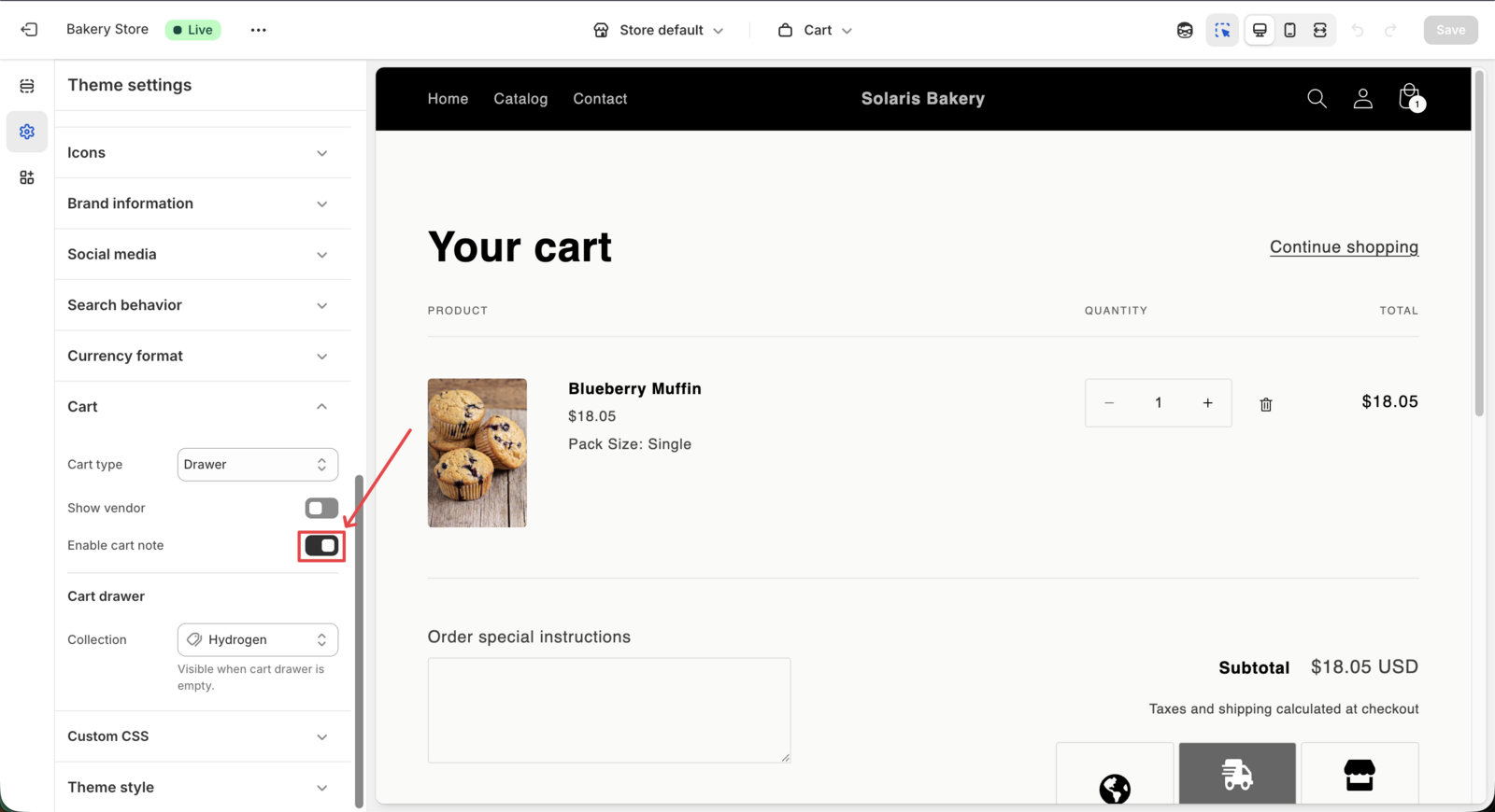 Shows the cart note toggle switch being enabled in the theme settings