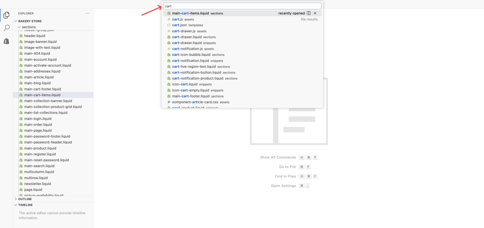 Demonstrates the file search functionality in the theme editor