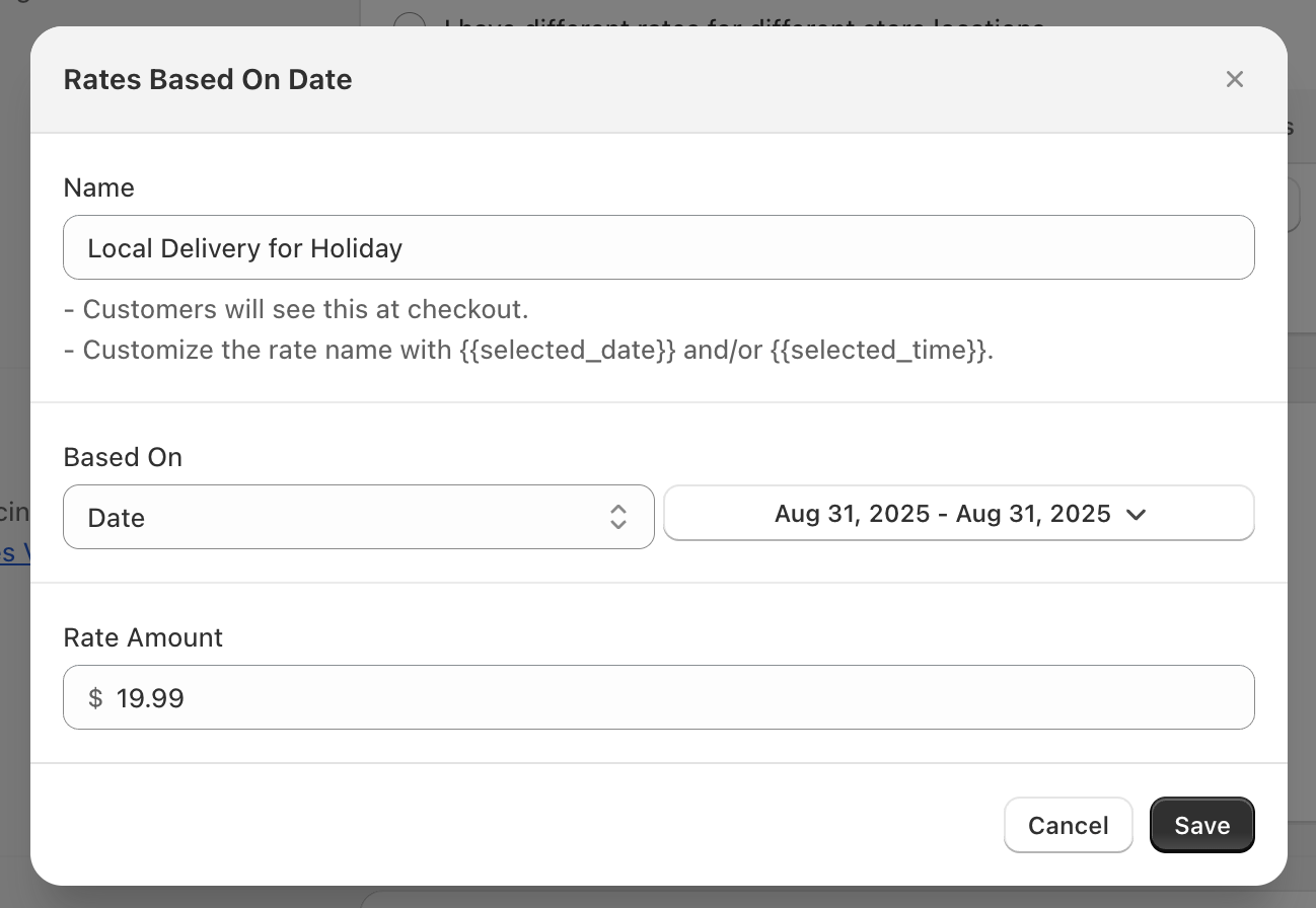 Displays date-based rate setup with calendar date range selection