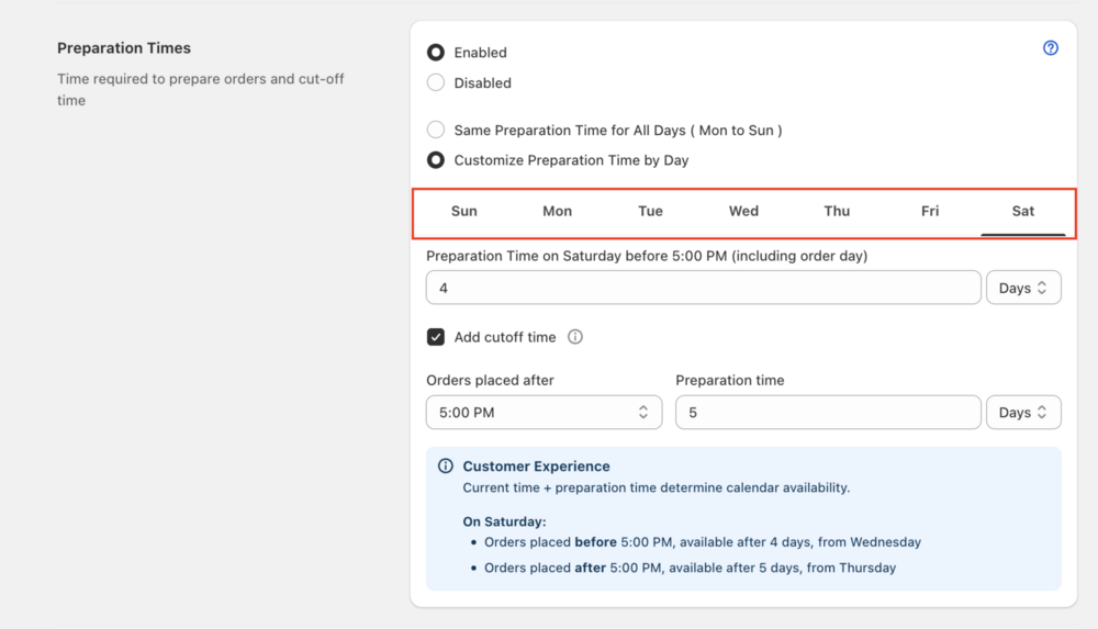 Shows Preparation Time configuration type selection with day tabs