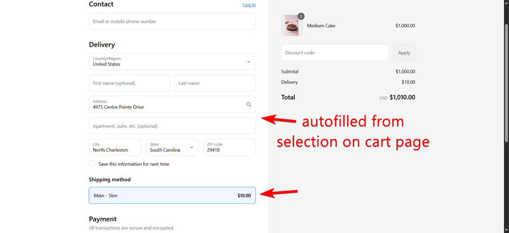 Shows the checkout page with prefilled selected location and driving distance delivery rate displayed correctly for the customer