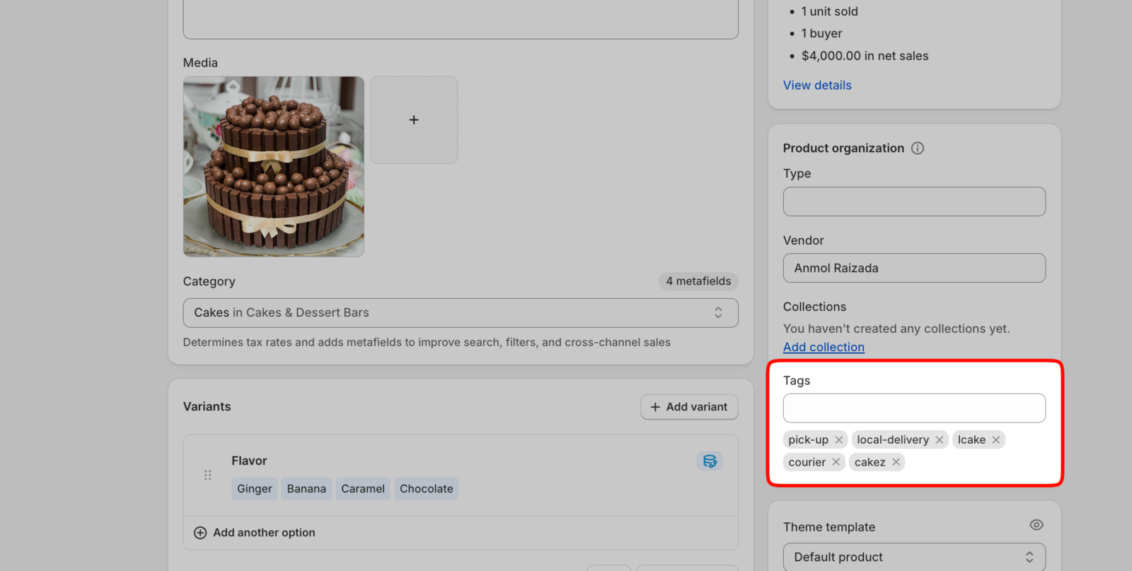Shows Shopify product tags section