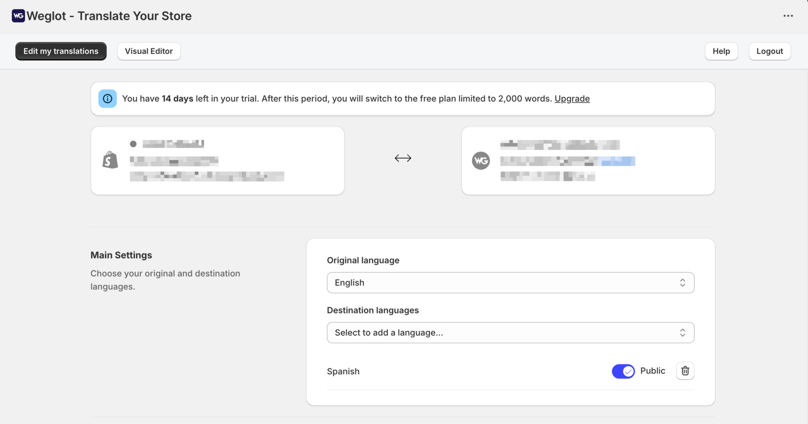 Weglot dashboard showing language configuration options