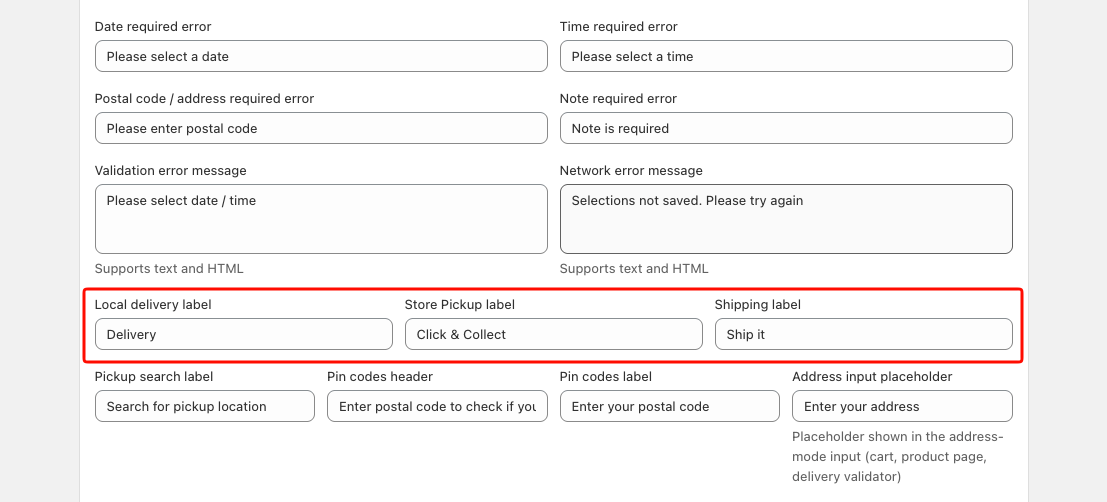 Cart page settings showing the Delivery Method Names fields filled in with custom labels: Delivery, Click & Collect, and Ship it