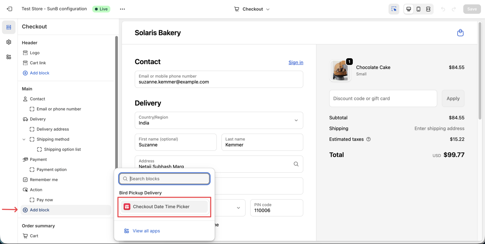 Shows the Bird Pickup & Delivery extension available in the Shopify Plus Checkout Editor extension picker