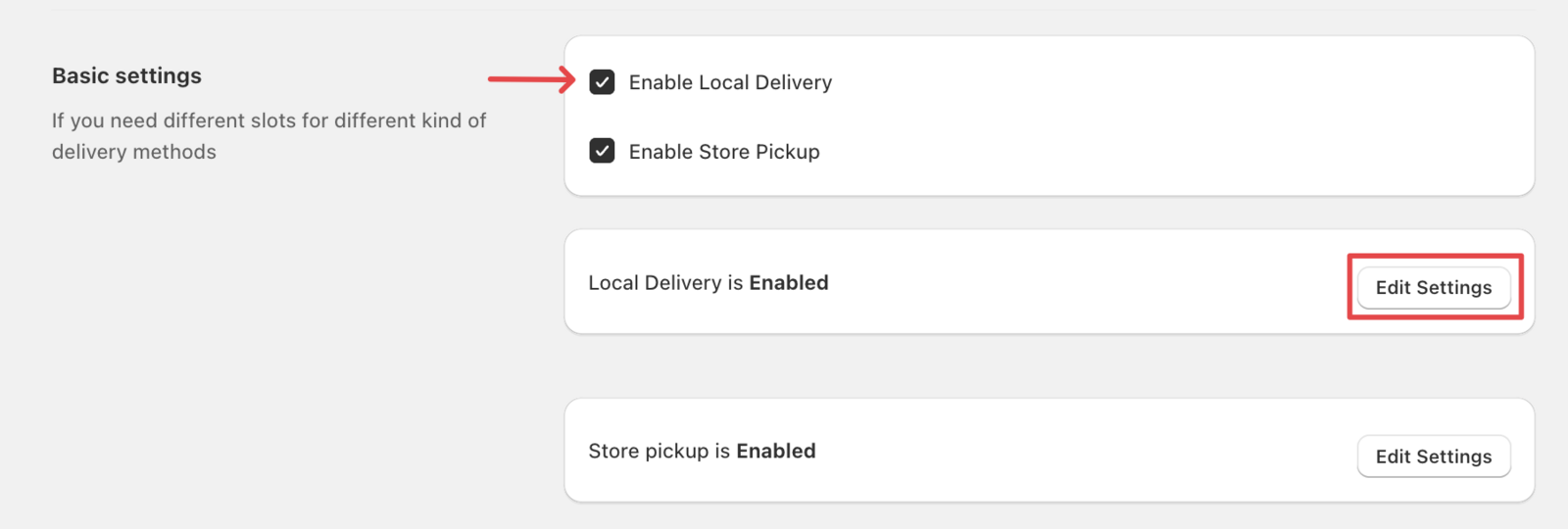 Delivery method selection screen with Edit Settings buttons