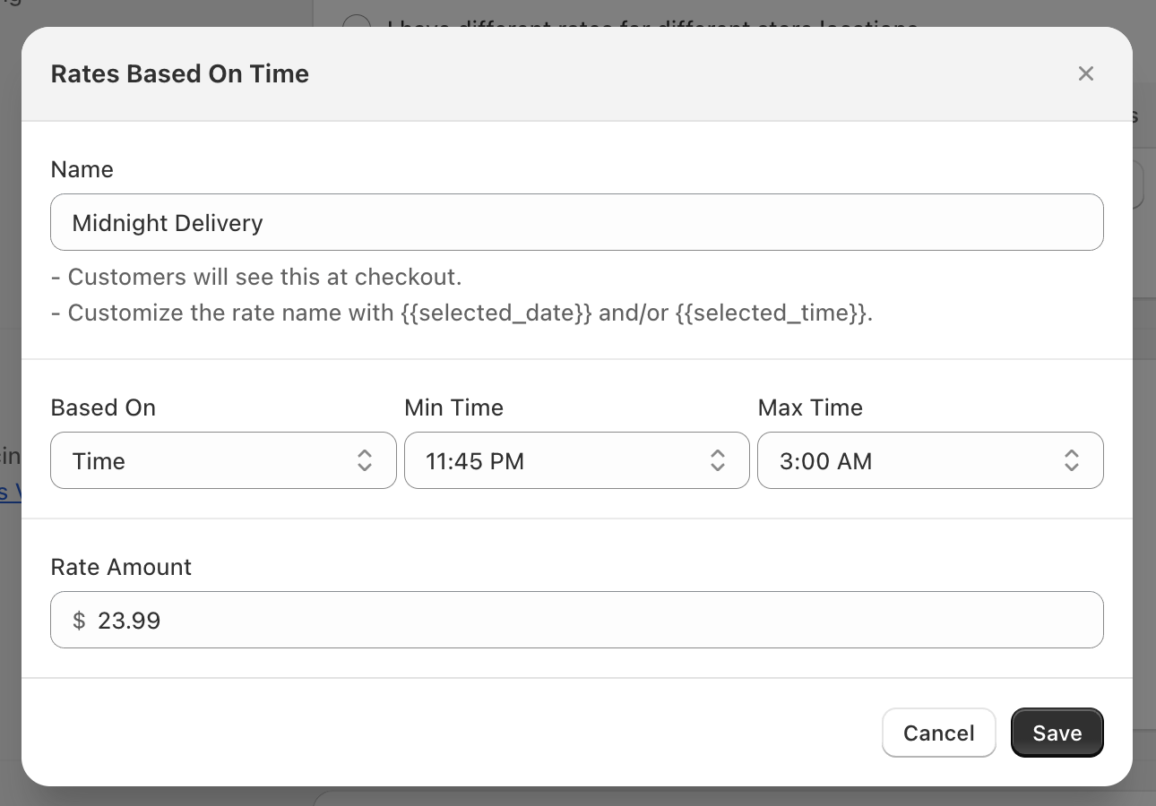 Shows time-based rate configuration with time range selection