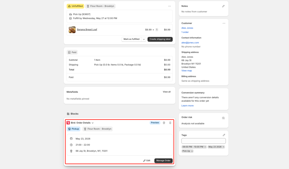 Bird order details block on a Shopify admin order page showing pickup method, date, time, and store address