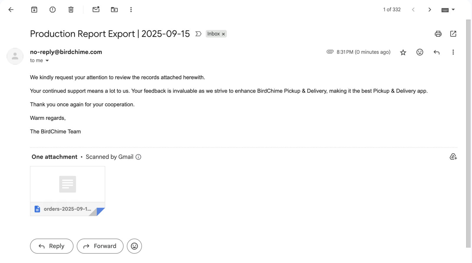 Shows the email notification containing the production report attachment