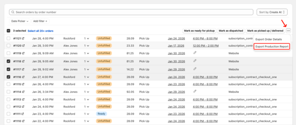 Displays the export menu with the "Export Order Details" and "Export Production Report" options