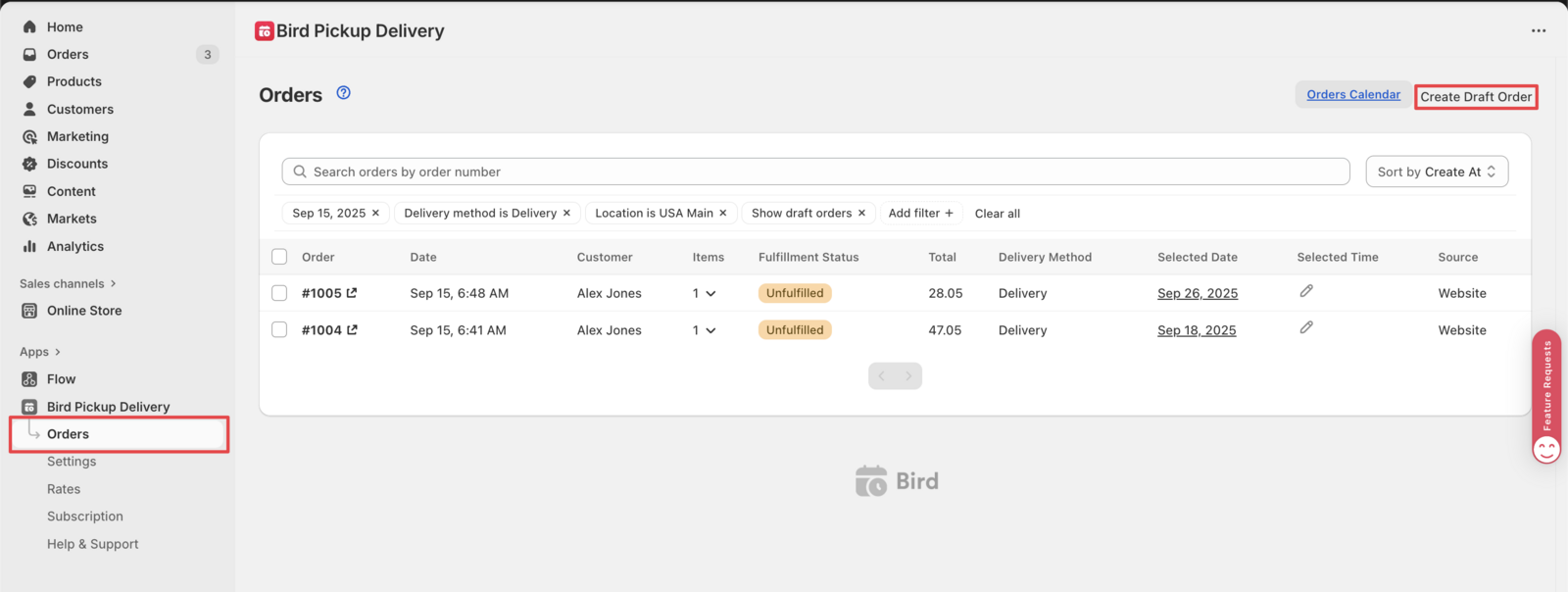 Shows the Orders section with the Create Draft Order button highlighted