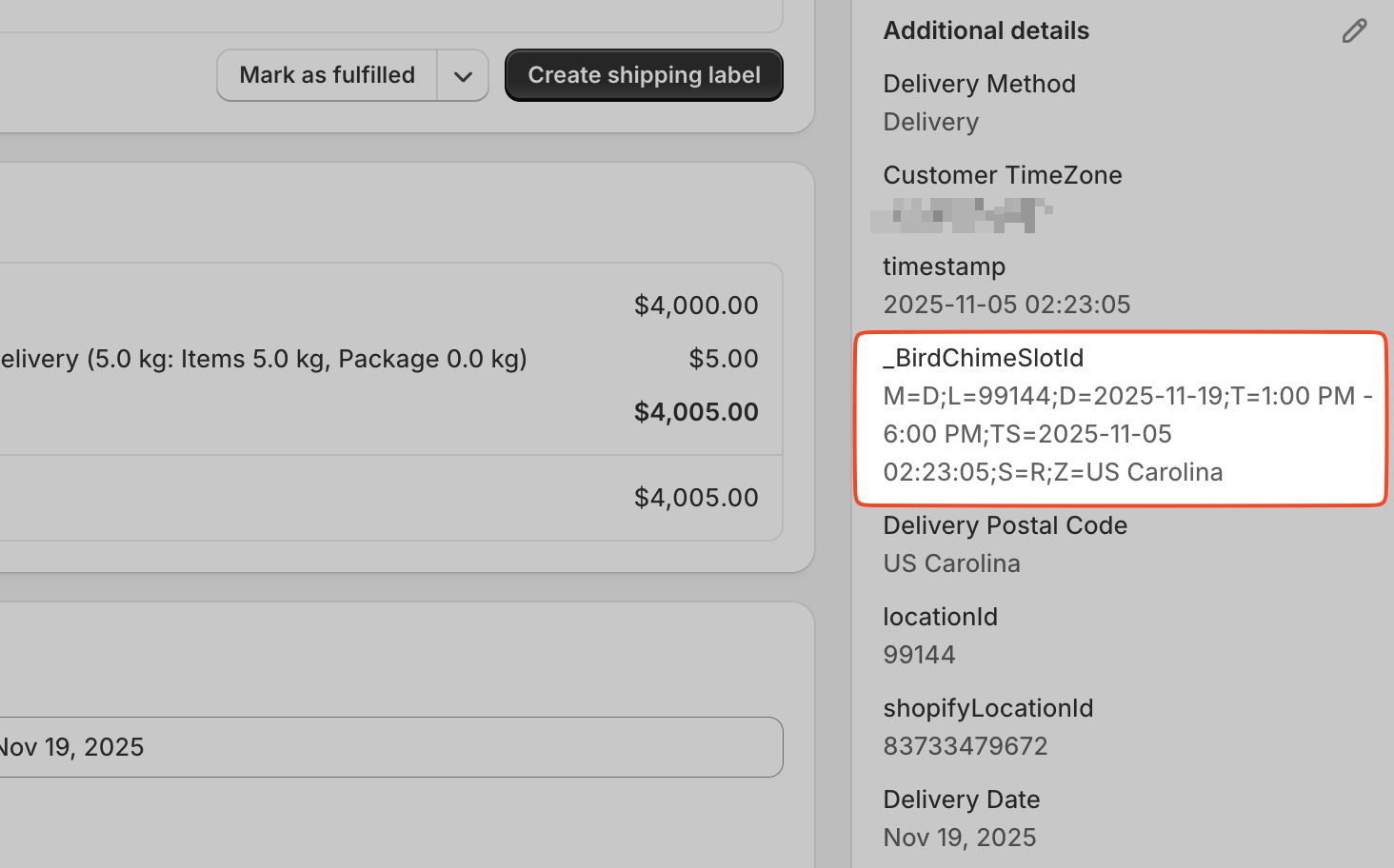 Shows _BirdChimeSlotId cart attribute property with values