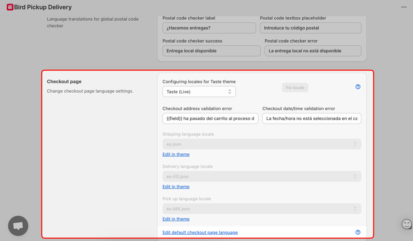 Checkout Page section in Bird Text and Language settings displaying locale configuration fields for all fulfillment methods