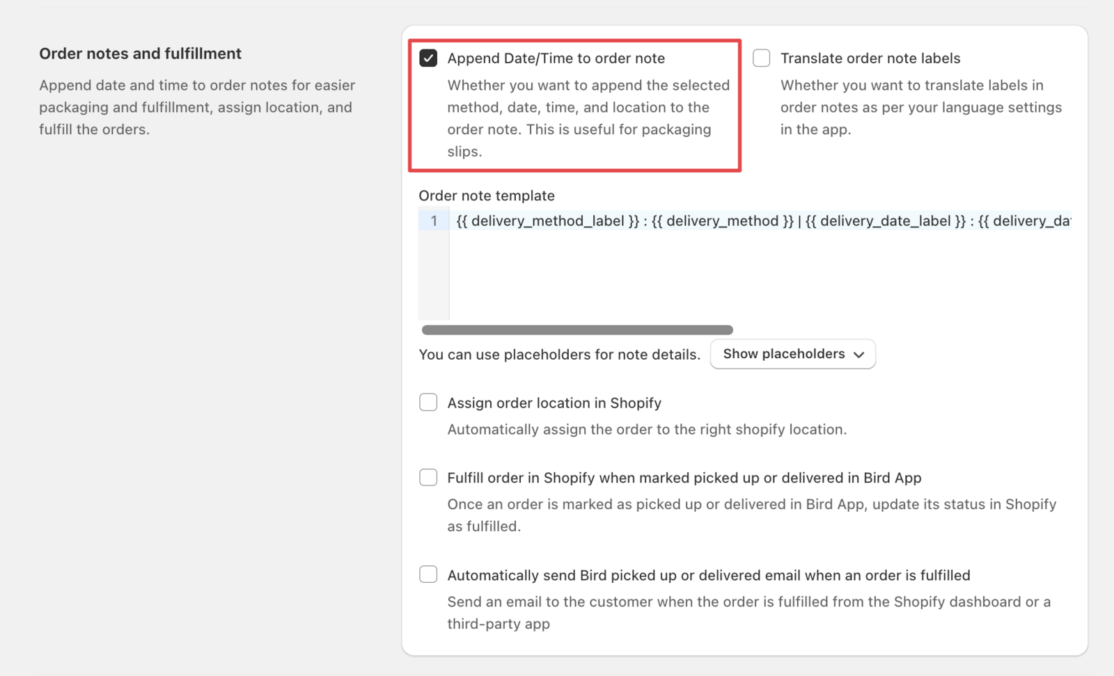 Order Management settings showing the checkbox option