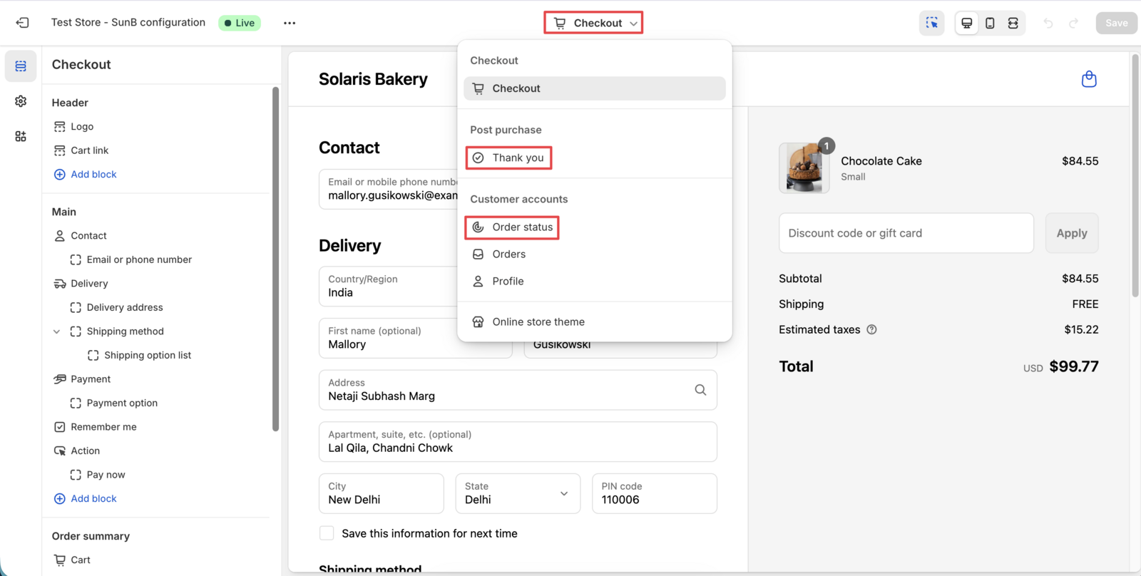 Shows the page selector in the checkout customization interface with Thank you page and Order status page options