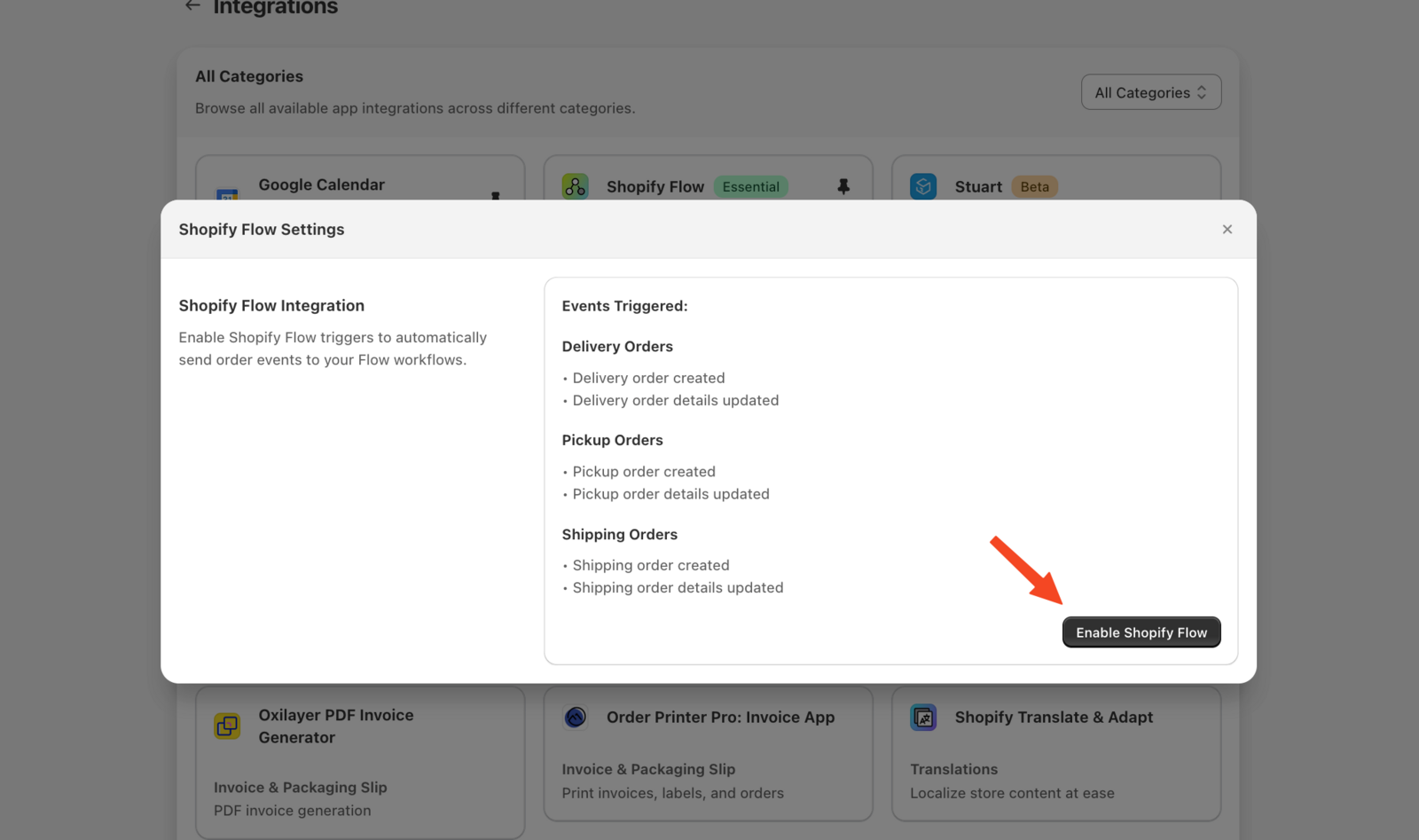 Bird Settings > Integrations page showing Shopify Flow in the Automation category with the Enable button visible
