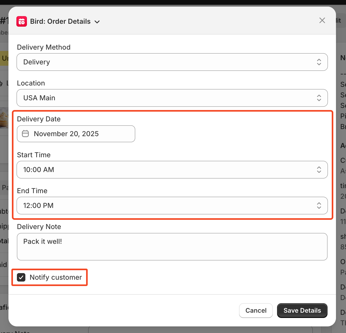 Shows the edit popup in Shopify Admin with fields for updating delivery details