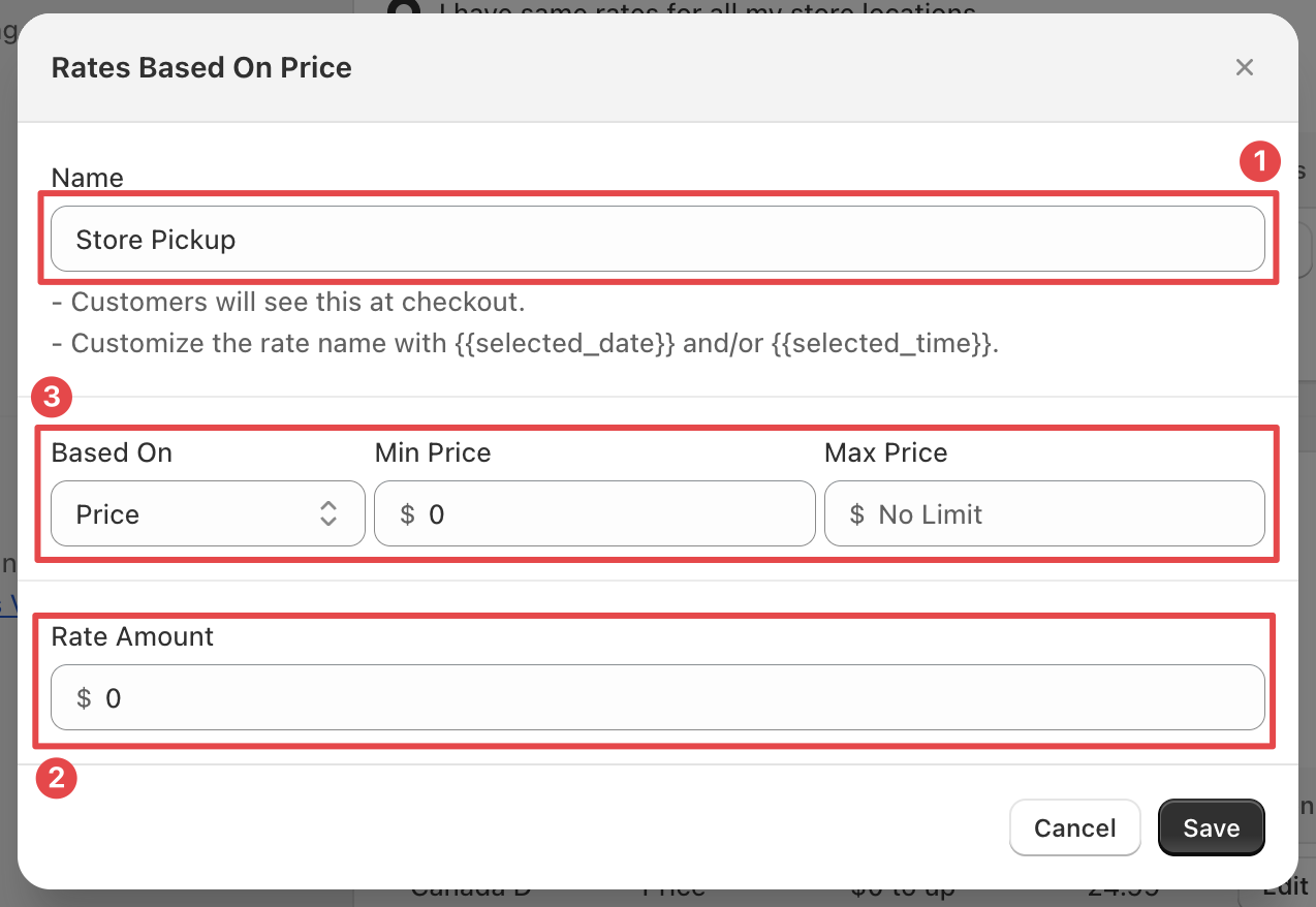 Shows the rate configuration form with fields