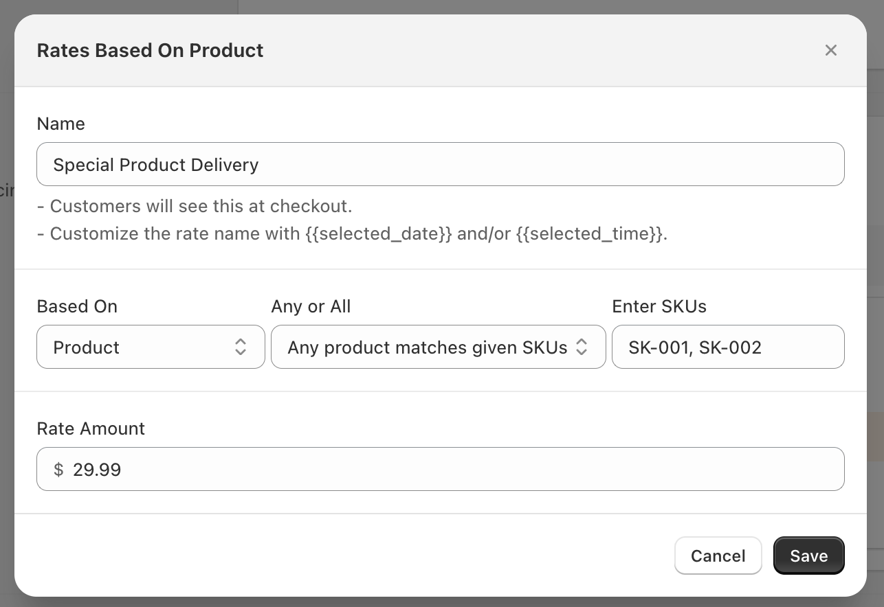 SKU condition configuration showing product SKU input and corresponding rate field