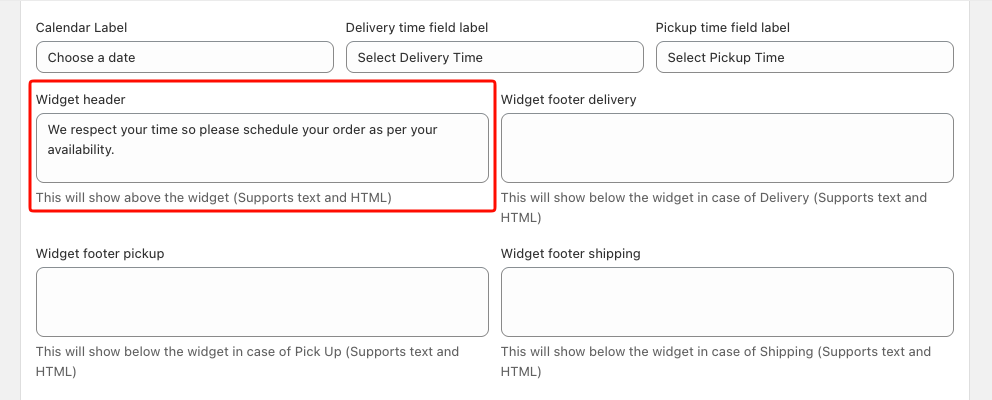Cart page settings showing the Widget header field filled in