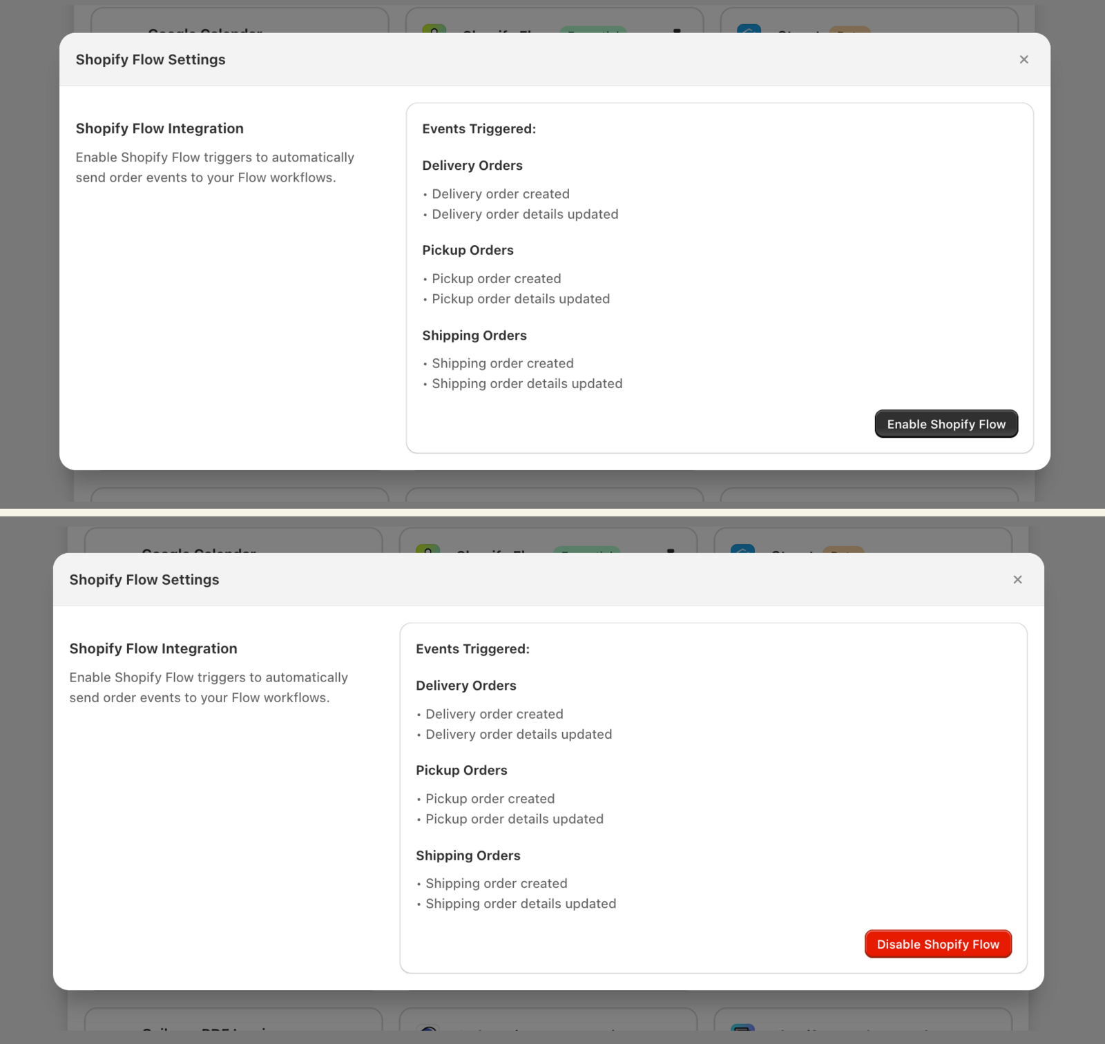 Side-by-side comparison showing the Shopify Flow integration toggle in enabled state (red) vs disabled state (black) in Bird Settings > Integrations page