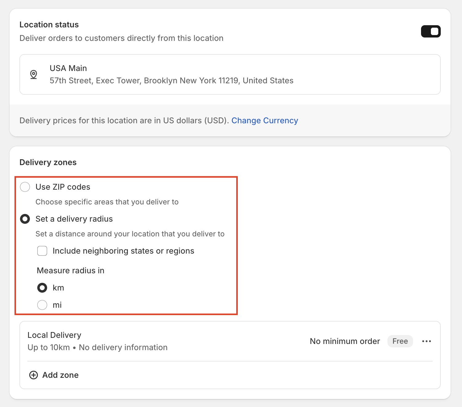 Shows the local delivery configuration interface with rate configured based on postal code