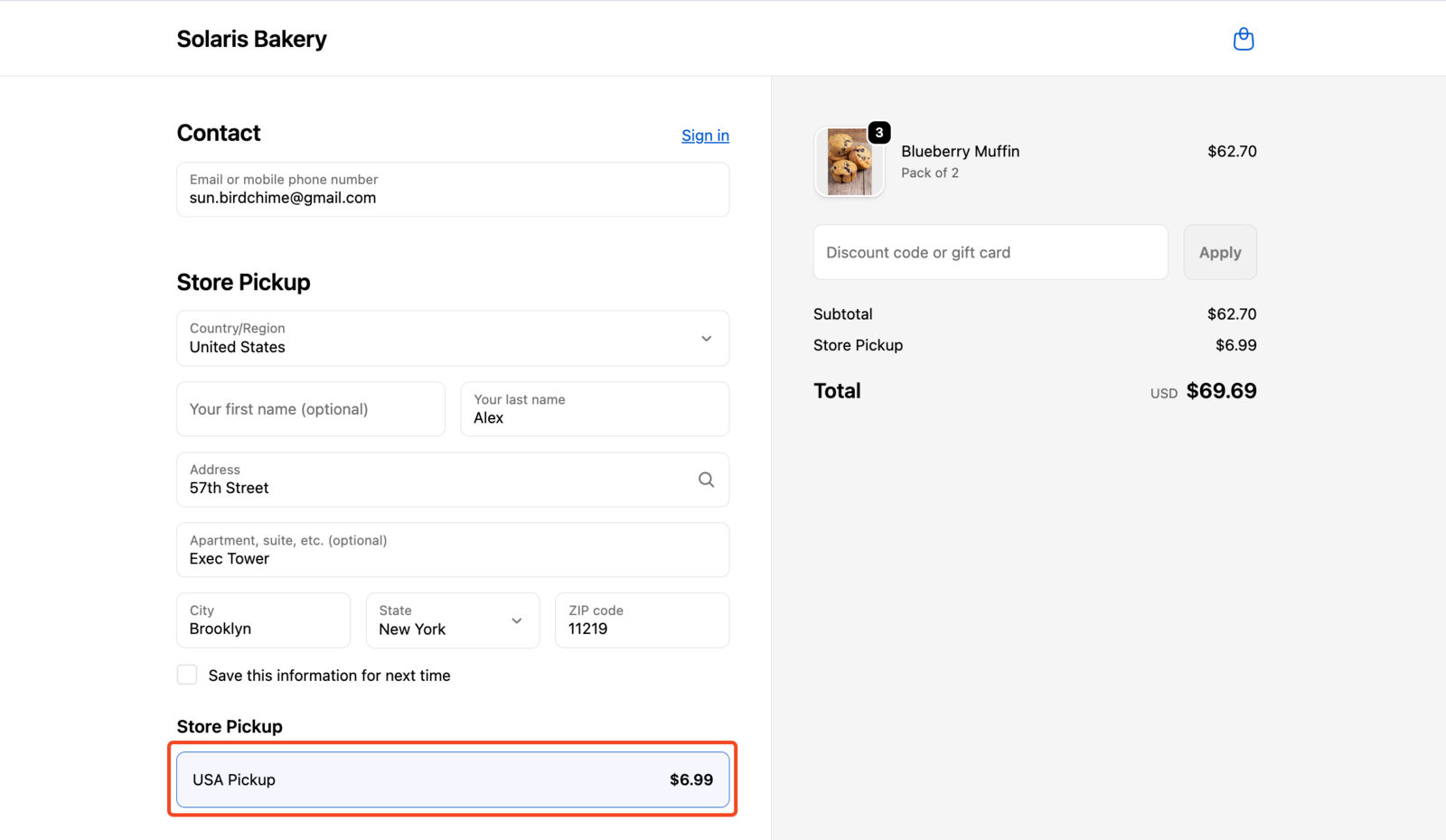 Clean checkout after disabling Shopify pickup (After)