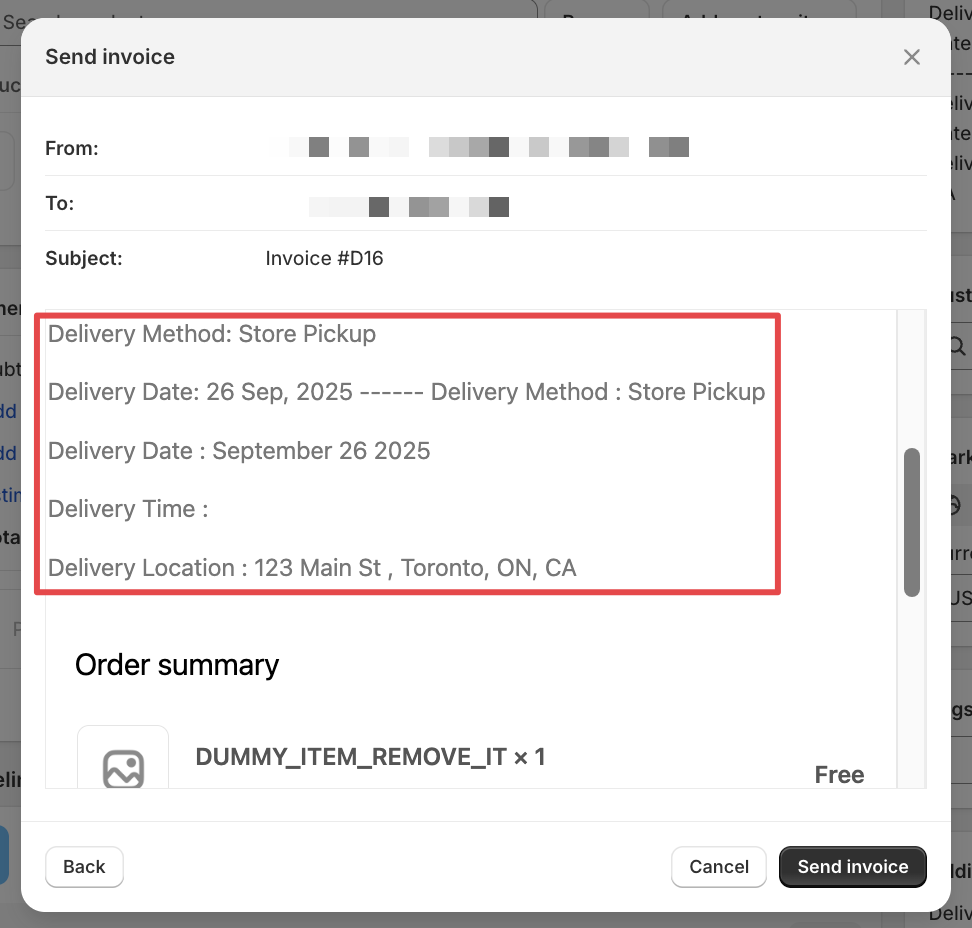 Draft order page showing the invoice preview with added date and time