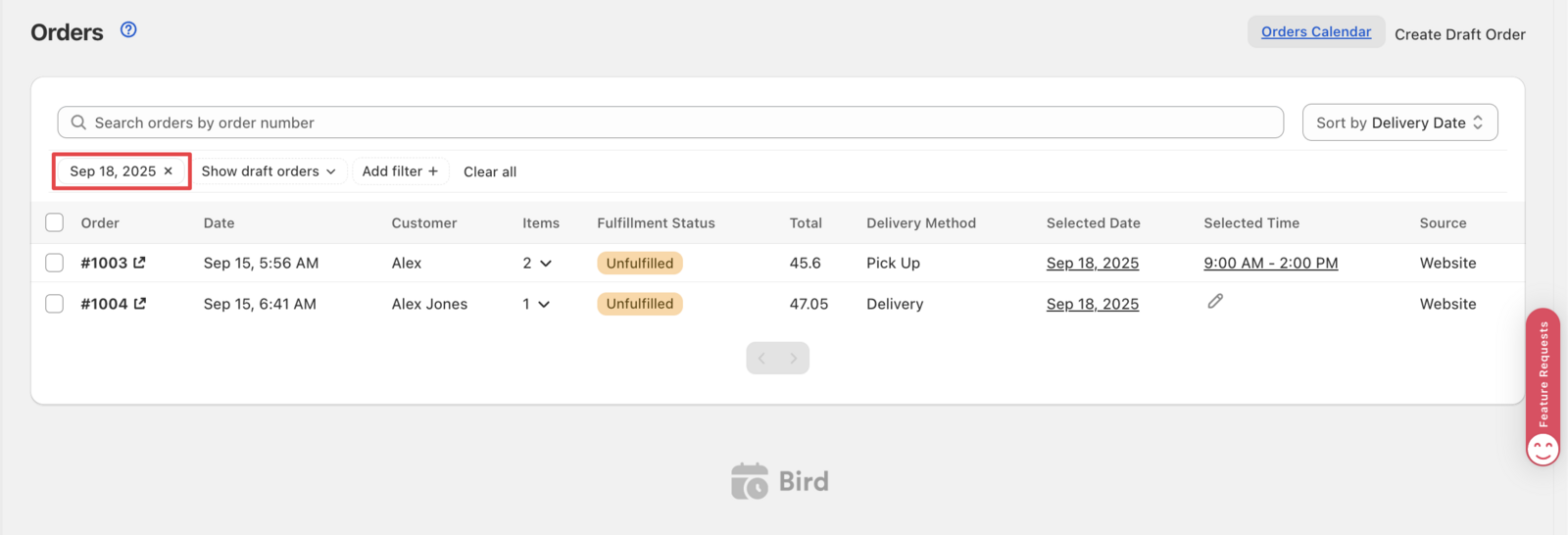 Shows the filtered order list displaying only orders for the selected delivery date