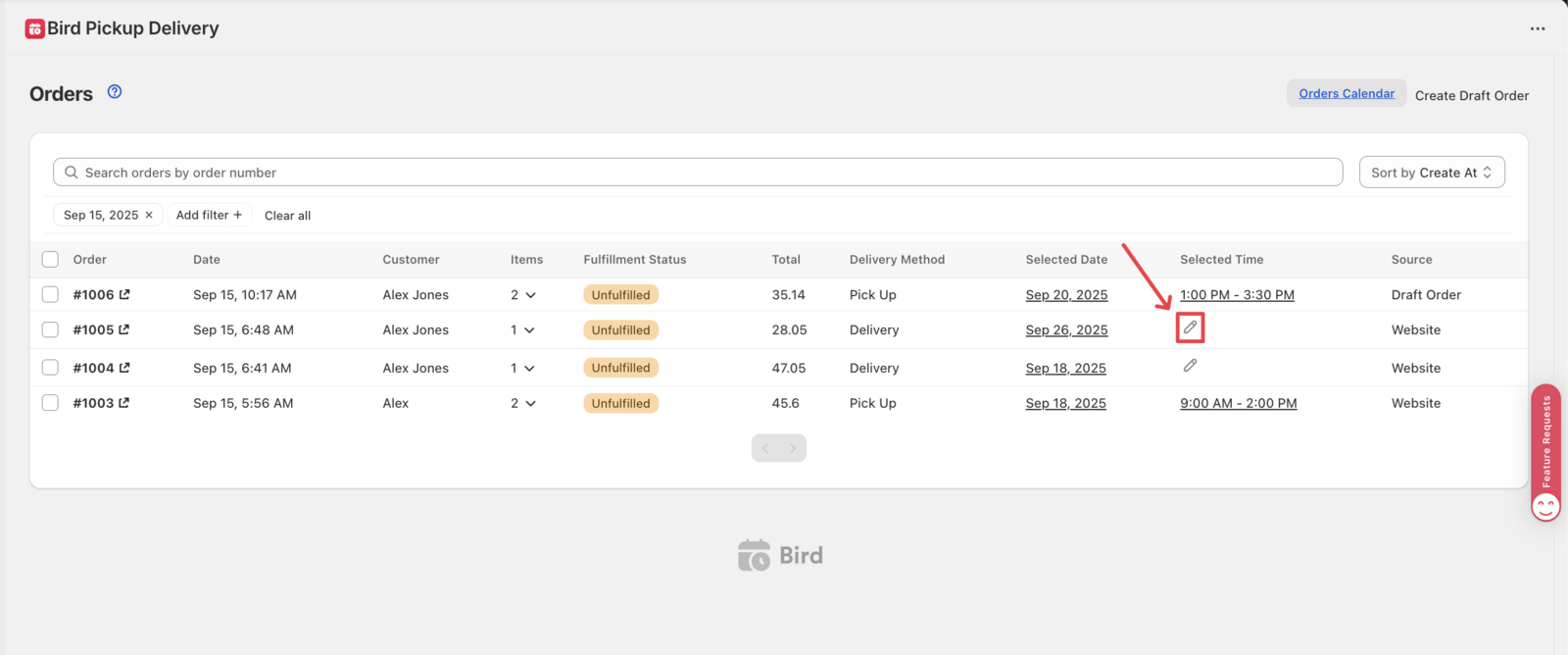 Shows the pencil icon for editing orders without recorded date/time in the Bird App orders section