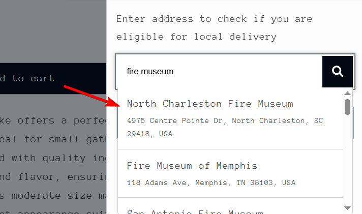 Shows the customer-facing delivery widget with Google Maps address autofill functionality and dropdown suggestions for address selection