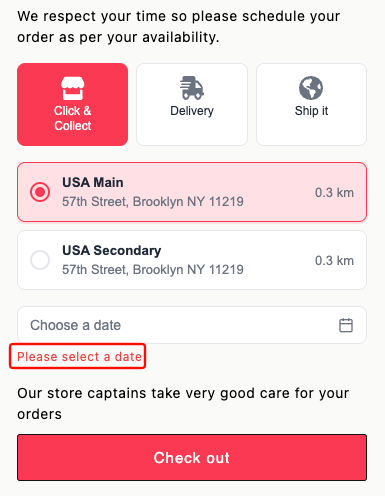 Cart widget showing the "Please select a date" required field error message