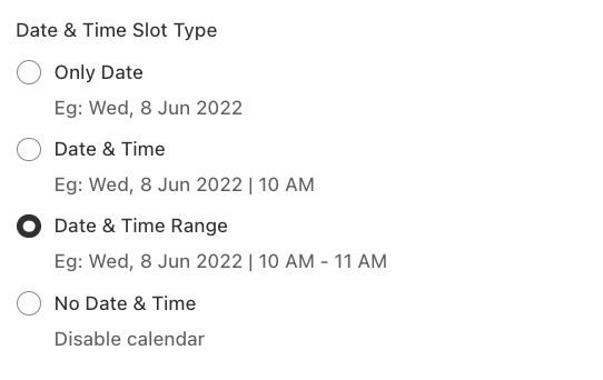 Shows date and time selection type options